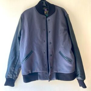 Settlemeier’s Classic Gray Black leather Sleeve Varsity Jacket Size M